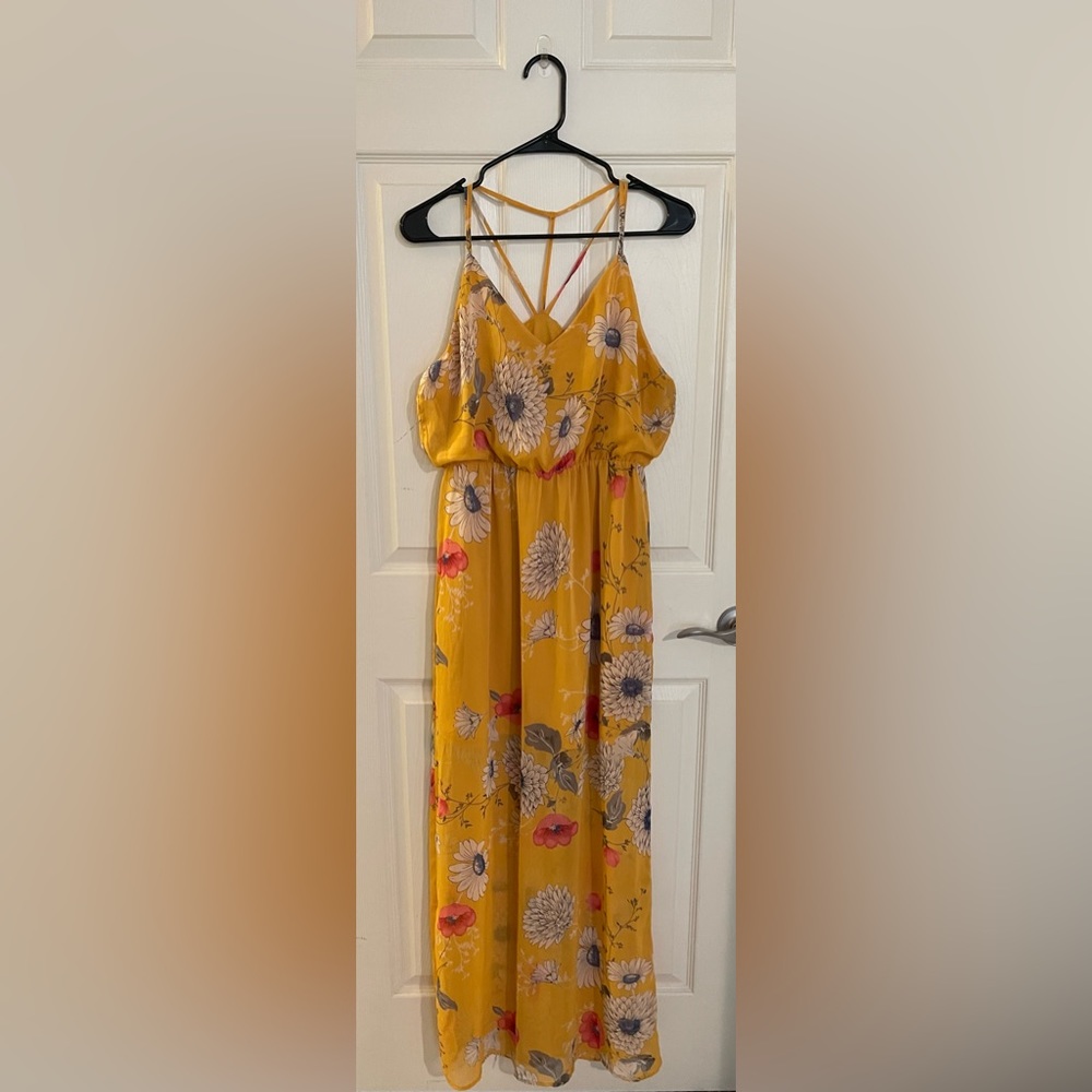 Golden yellow floral strappy maxi dress